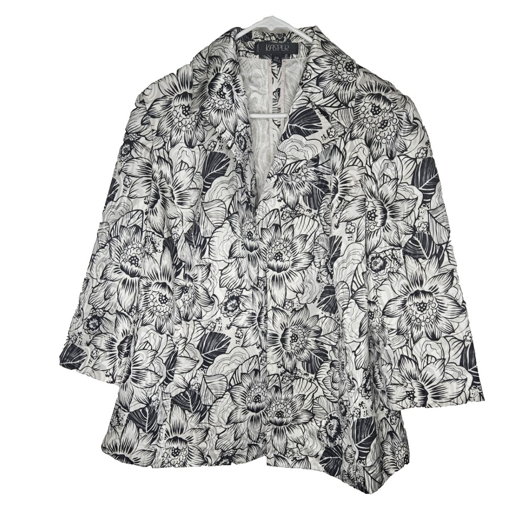 Kasper Woman Jacket 18W Black White Floral Open Front Artsy Boho Career